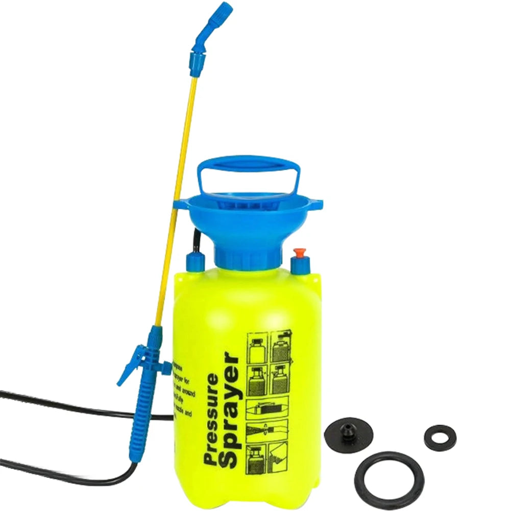 A hand-operated pressure sprayer designed to dispense air or liquid in a controlled spray, commonly used for applying pesticides, fertilizers, or cleaning solutions. The device consists of a pressurized chamber with a trigger-operated nozzle, allowing users to spray contents efficiently over targeted areas.