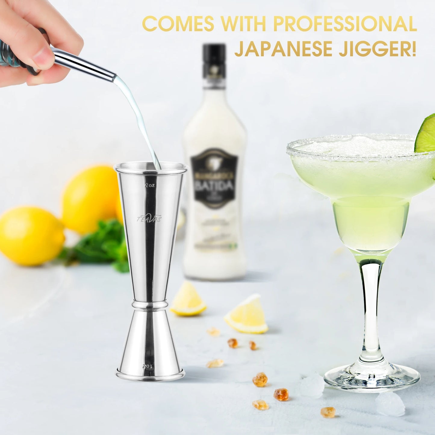 A comprehensive 25-piece mixology bartender kit featuring high-quality stainless steel tools, including a Boston cocktail shaker, muddlers, corkscrew, pourers, jigger, strainer, fruit needles, straws, mixing spoon, brush, wine stoppers, pourer caps, and a sturdy bamboo stand. This all-in-one set provides both amateur and professional bartenders with the essential tools needed to craft a wide variety of cocktails, enhancing any home bar setup