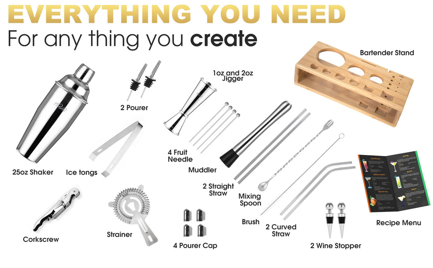 A comprehensive 25-piece mixology bartender kit featuring high-quality stainless steel tools, including a Boston cocktail shaker, muddlers, corkscrew, pourers, jigger, strainer, fruit needles, straws, mixing spoon, brush, wine stoppers, pourer caps, and a sturdy bamboo stand. This all-in-one set provides both amateur and professional bartenders with the essential tools needed to craft a wide variety of cocktails, enhancing any home bar setup