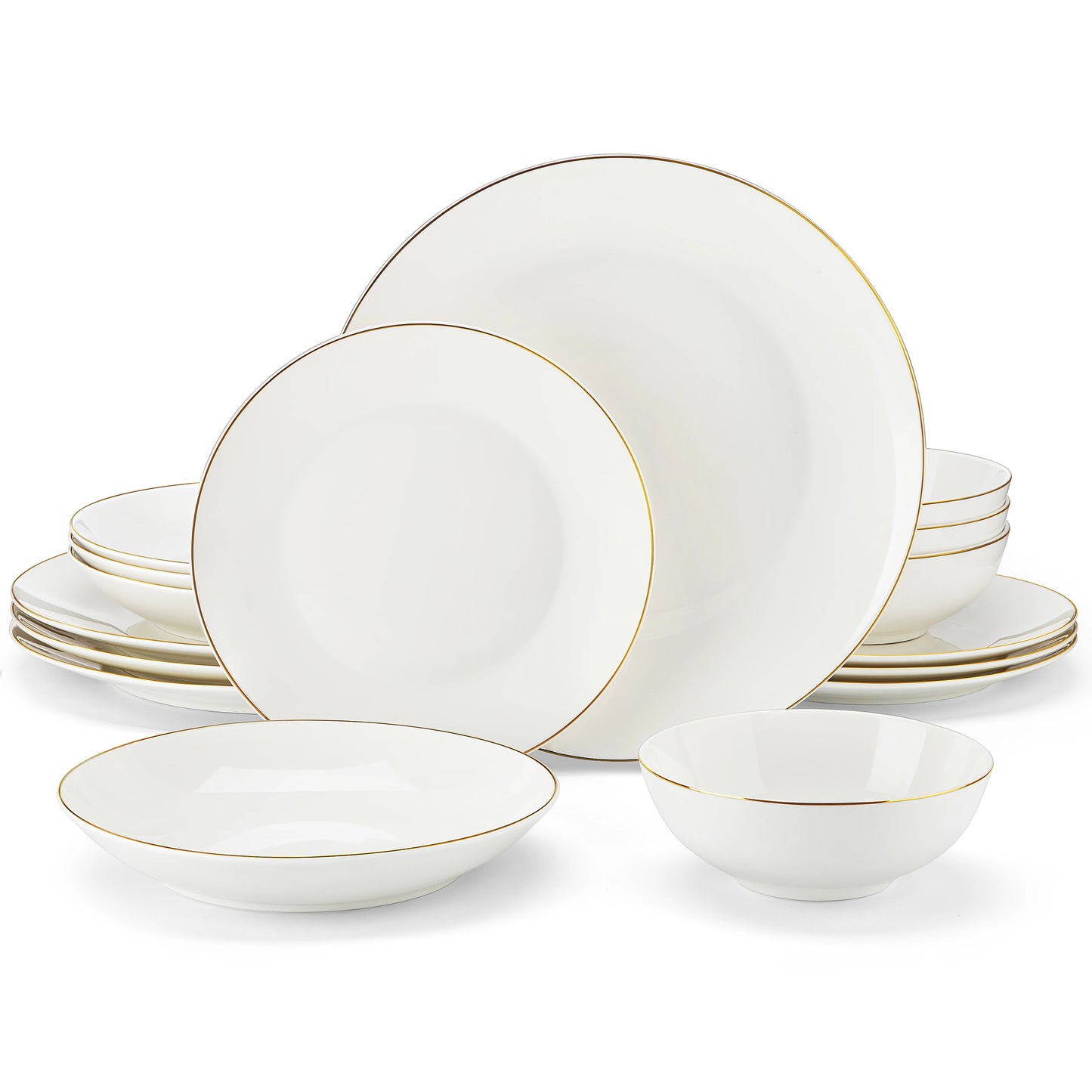 A complete dinnerware set including dinner plates, salad plates, bowls, and mugs, all featuring a sleek, modern design in a neutral color palette