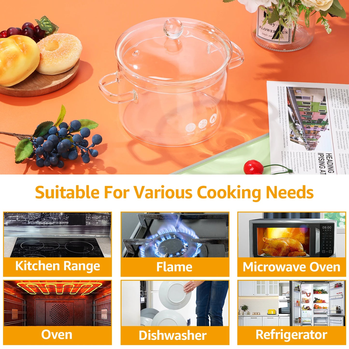A durable heat-resistant glass saucepan, perfect for cooking at high temperatures, with a sturdy handle and transparent design for easy monitoring of food.