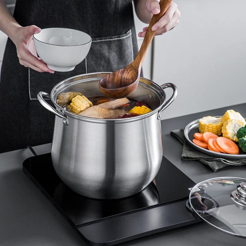 A stainless steel soup pot is a durable and versatile kitchen essential, ideal for preparing soups, stews, and stocks. Its non-reactive surface ensures that flavors remain pure, and its sturdy construction provides even heat distribution.