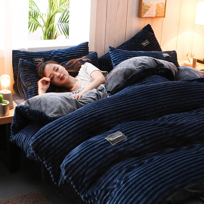 A 3-piece bedding set comprising a comforter and two pillowcases, designed to enhance your bedroom's aesthetic. Available in various patterns and materials, these sets cater to diverse preferences and are available in multiple sizes to fit different bed dimensions