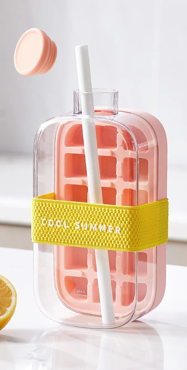 A stackable ice cube tray with a secure lid, designed for easy filling and spill-free storage, ensuring fresh and odor-free ice cubes.