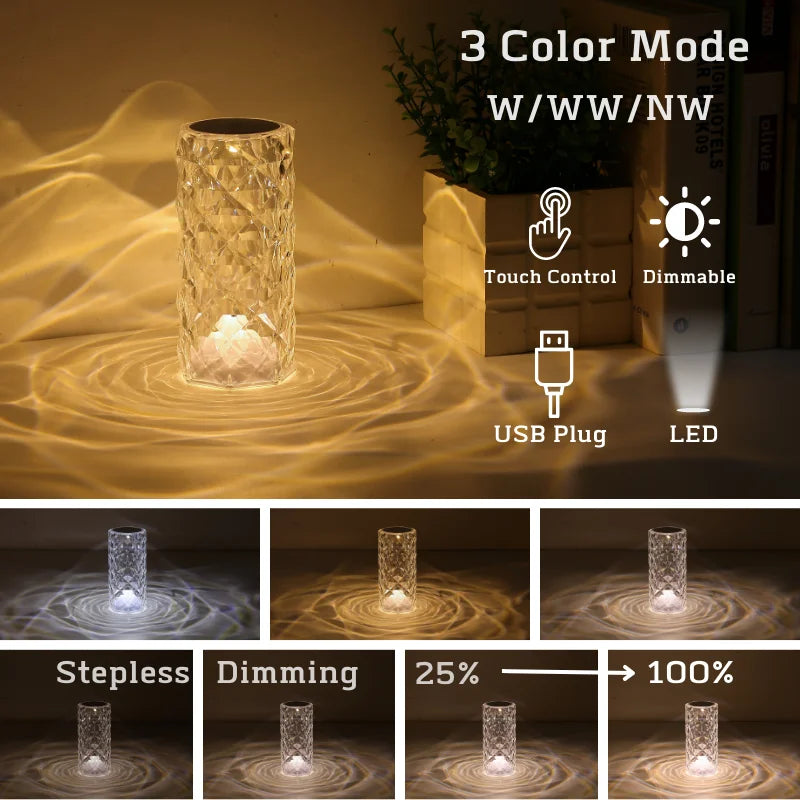 A crystal table lamp featuring a gleaming crystal base with intricate facets that refract light, complemented by an elegant lampshade. This decorative lighting piece adds a touch of sophistication and glamour to any room, creating a warm and inviting ambiance