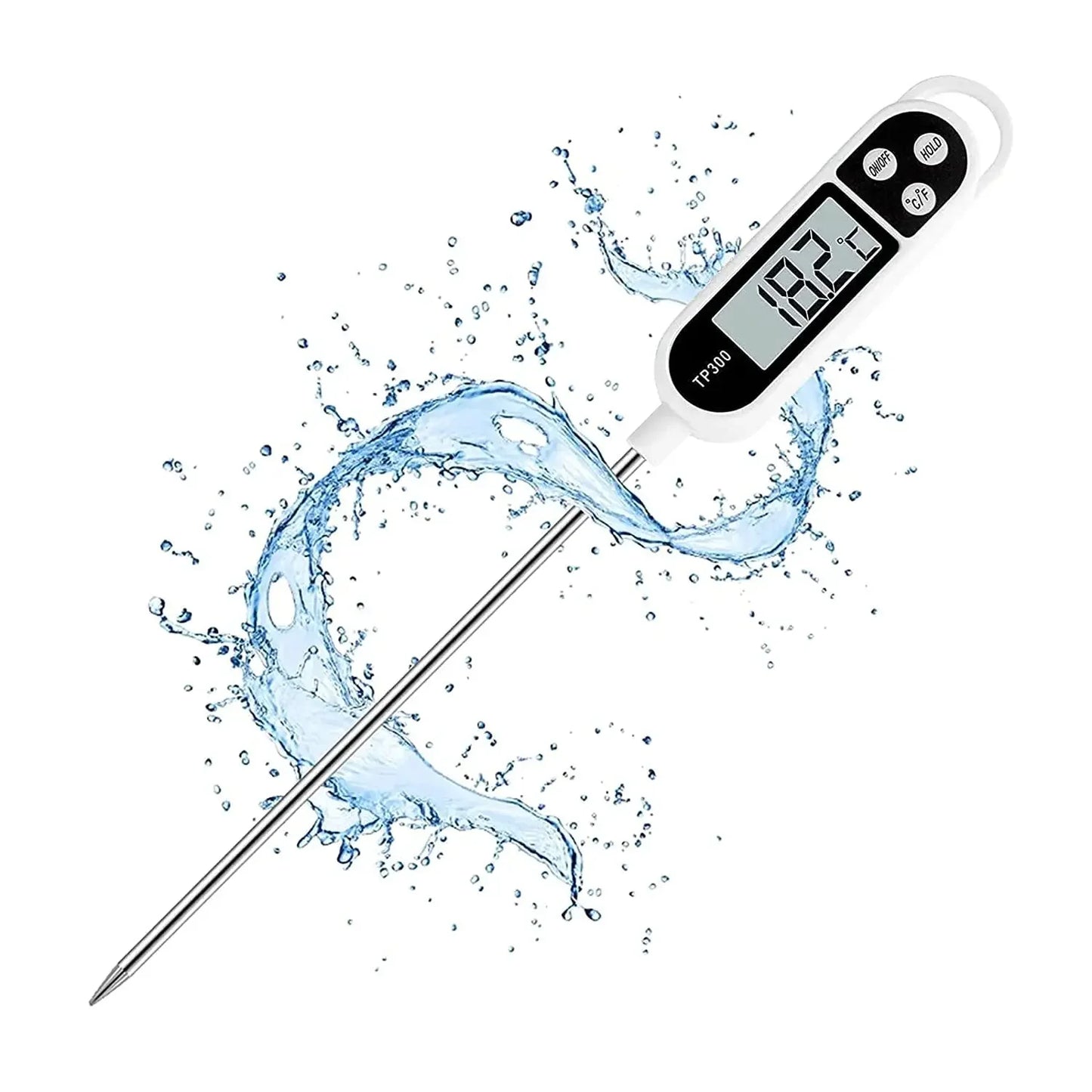 Digital food thermometer with a stainless steel probe and backlit LCD display, providing instant and accurate temperature readings for meats and other dishes