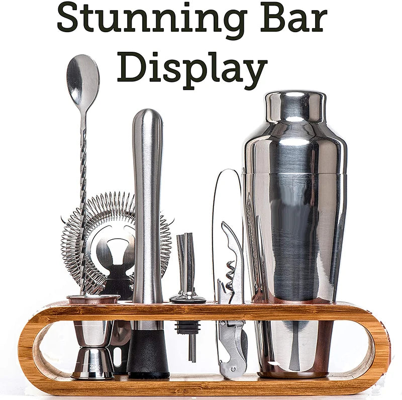 Complete cocktail bar set featuring essential tools like a shaker, jigger, strainer, muddler, and mixing spoon. Perfect for crafting professional-quality cocktails at home or in a bar.