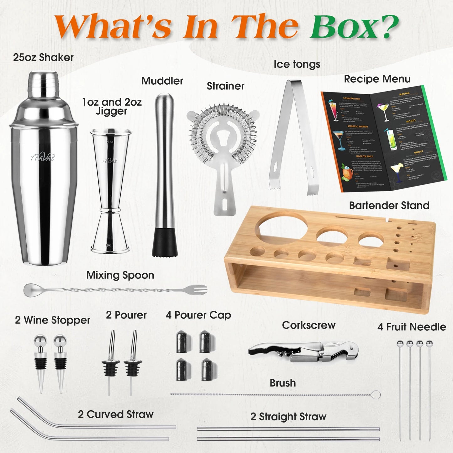 A comprehensive 25-piece mixology bartender kit featuring high-quality stainless steel tools, including a Boston cocktail shaker, muddlers, corkscrew, pourers, jigger, strainer, fruit needles, straws, mixing spoon, brush, wine stoppers, pourer caps, and a sturdy bamboo stand. This all-in-one set provides both amateur and professional bartenders with the essential tools needed to craft a wide variety of cocktails, enhancing any home bar setup
