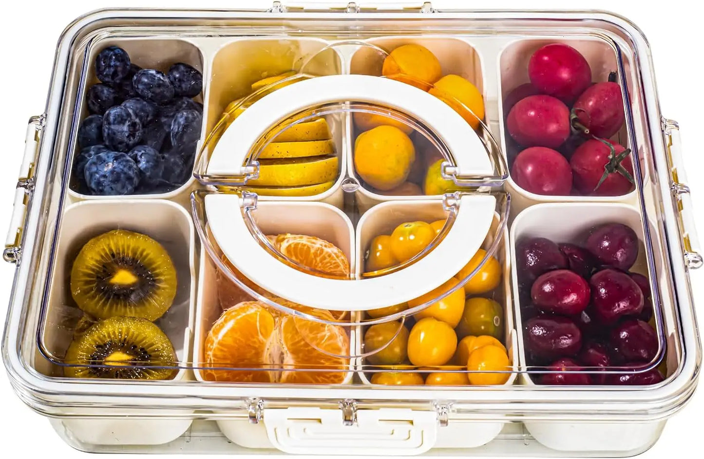 A divided serving tray storage box featuring multiple compartments, a secure lid, and a handle for easy portability; ideal for organizing and transporting snacks, fruits, nuts, or appetizers during events, picnics, or daily use