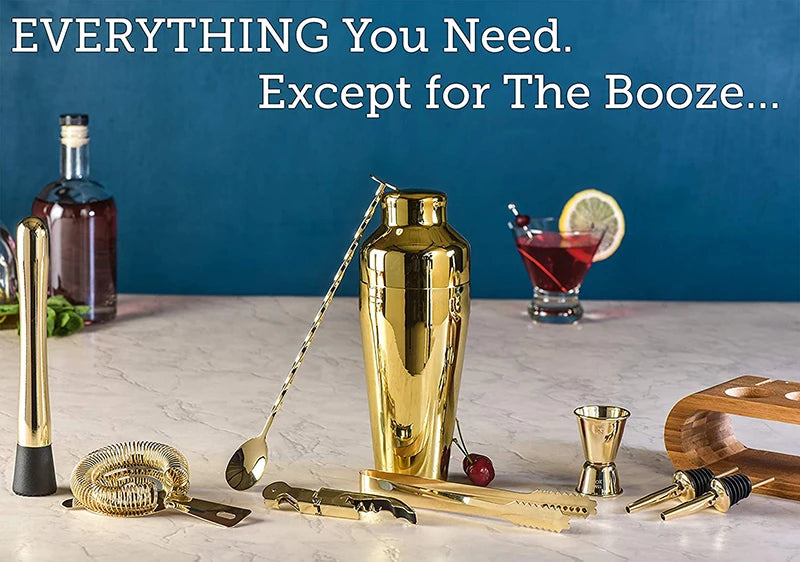 Complete cocktail bar set featuring essential tools like a shaker, jigger, strainer, muddler, and mixing spoon. Perfect for crafting professional-quality cocktails at home or in a bar.