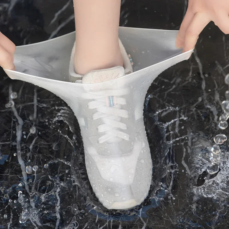 Reusable waterproof shoe covers made from durable, flexible silicone, designed to fit over various shoe sizes; feature non-slip soles for enhanced safety; easy to clean and store; ideal for protecting shoes from water, mud, and debris during outdoor activities
