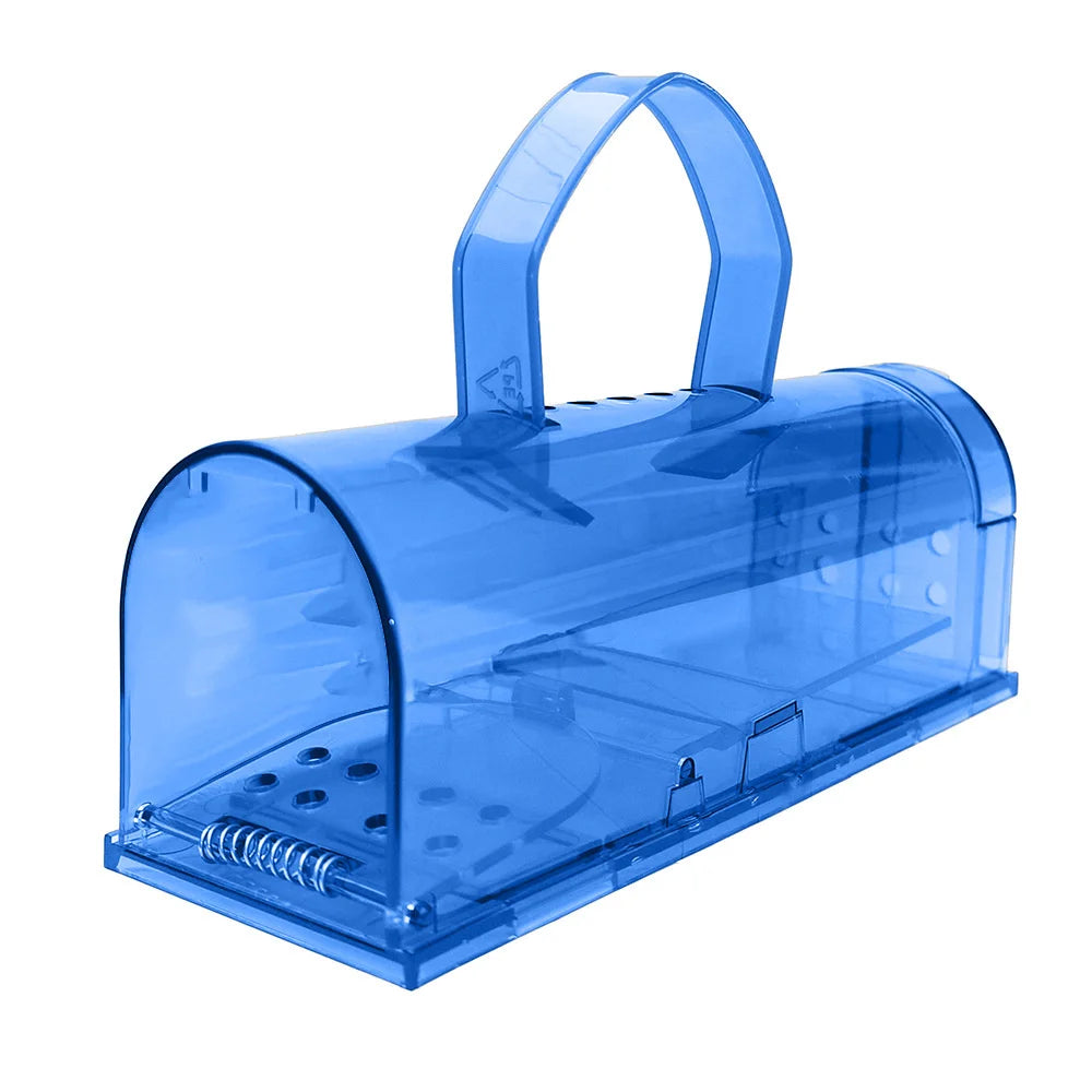 A humane mouse trap designed to safely capture and release mice without harm. The transparent plastic construction allows for easy monitoring, and ventilation holes ensure the mouse's well-being until release