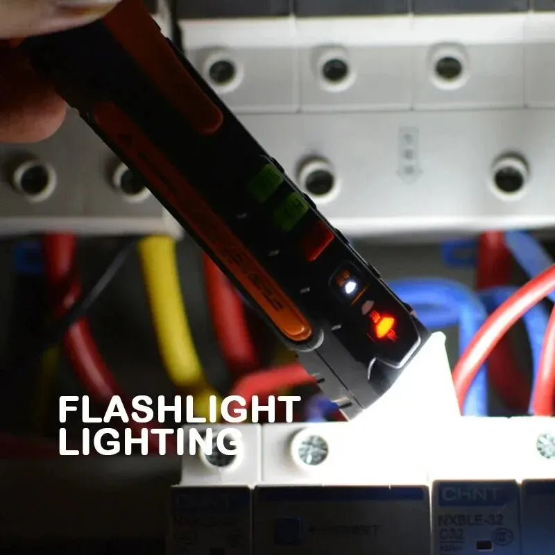A voltage detector electrical pen, also known as a non-contact voltage tester, designed to detect the presence of voltage in electrical circuits without direct contact. It features a handheld design with an insulated probe, an LED indicator to signal voltage detection, and a sensitivity range suitable for various applications, typically from 90V to 1000V AC