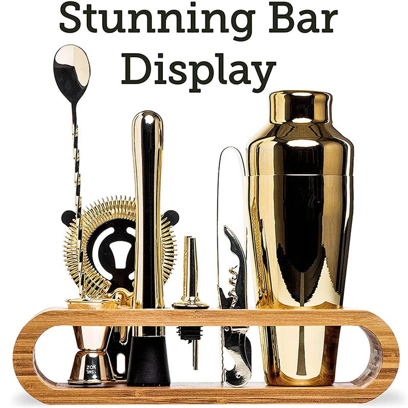 Complete cocktail bar set featuring essential tools like a shaker, jigger, strainer, muddler, and mixing spoon. Perfect for crafting professional-quality cocktails at home or in a bar.