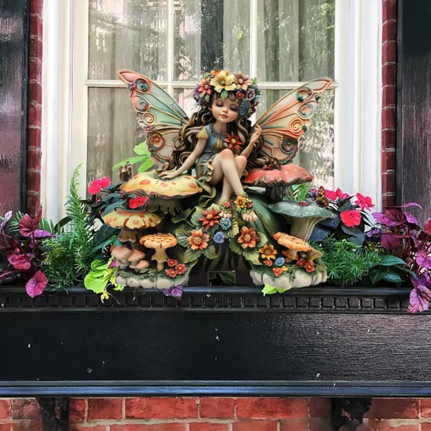 A delicate fairy figurine crafted from high-quality resin, featuring intricate detailing and a hand-painted finish. The figurine depicts a graceful fairy with translucent wings, poised elegantly on a floral base, adding a touch of enchantment to any space.