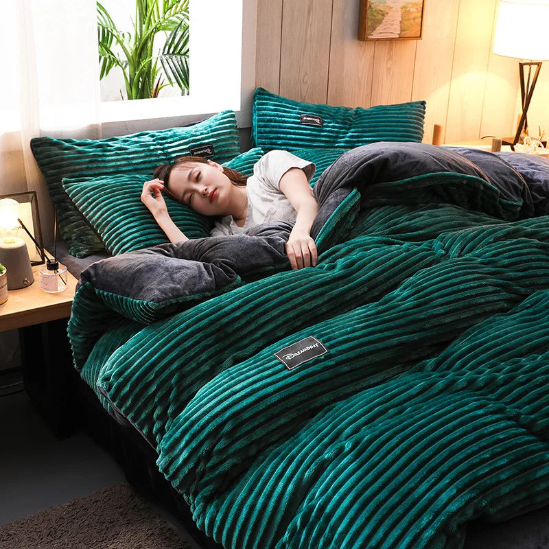 A 3-piece bedding set comprising a comforter and two pillowcases, designed to enhance your bedroom's aesthetic. Available in various patterns and materials, these sets cater to diverse preferences and are available in multiple sizes to fit different bed dimensions