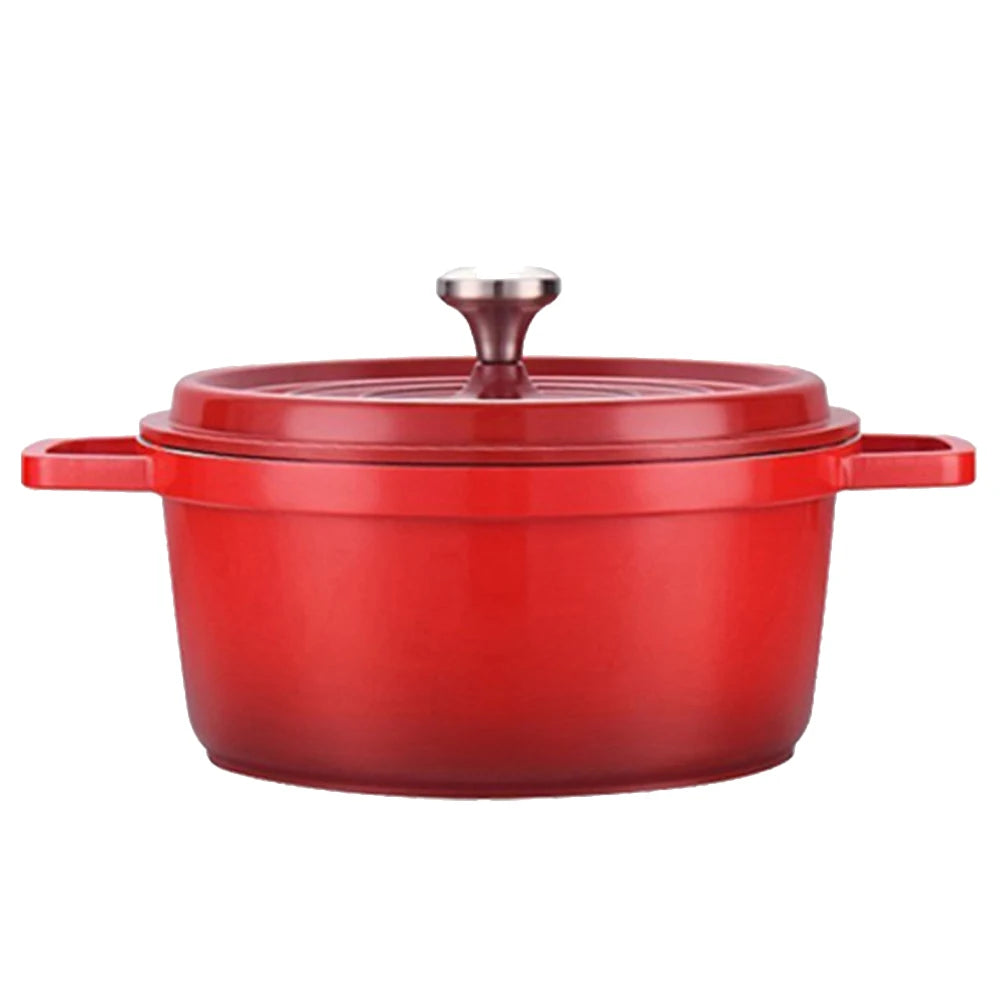 An enameled cast aluminum Dutch oven is a lightweight, versatile cooking pot featuring a durable enamel coating for easy cleaning and enhanced heat distribution.
