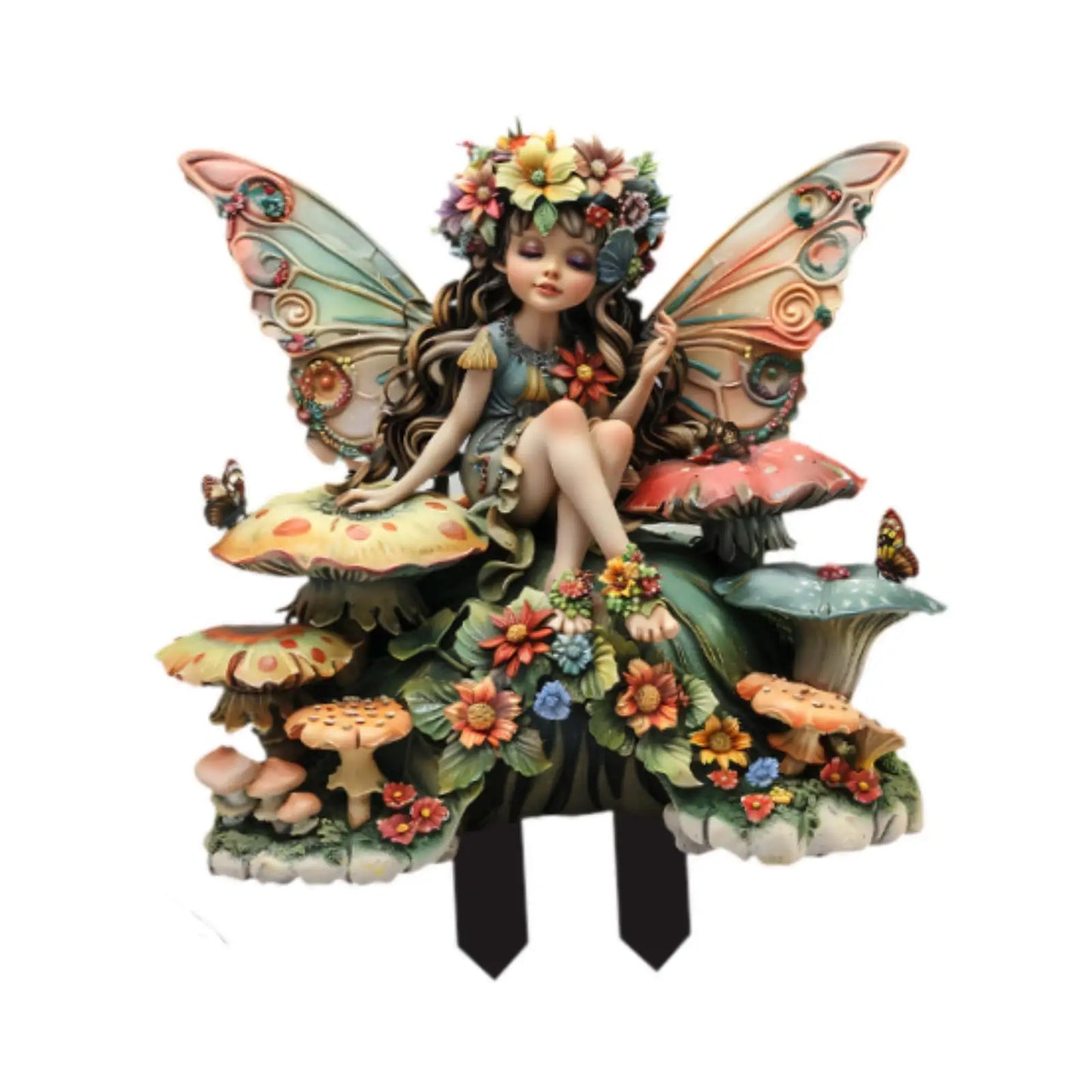 A delicate fairy figurine crafted from high-quality resin, featuring intricate detailing and a hand-painted finish. The figurine depicts a graceful fairy with translucent wings, poised elegantly on a floral base, adding a touch of enchantment to any space.
