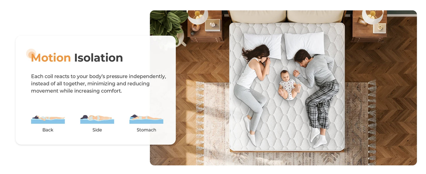 Comfortable mattress featuring pocket springs and memory foam for optimal support and pressure relief. Designed to adapt to body contours, reducing motion transfer for a restful sleep.