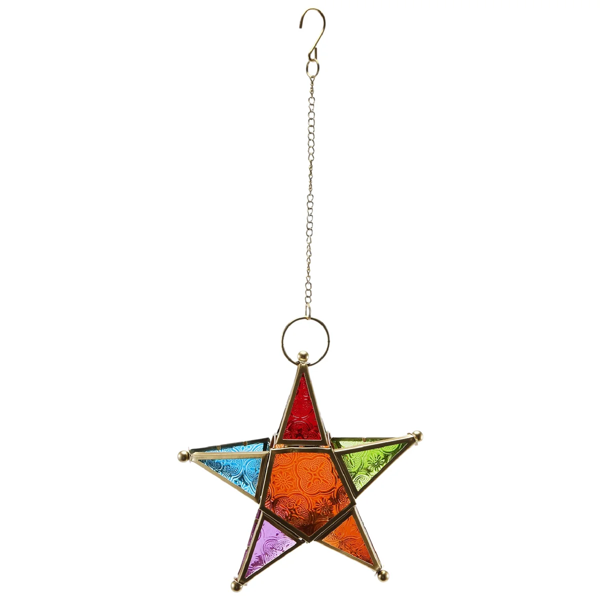 A beautifully designed star-shaped embossed colored glass lantern with a multicolored pattern and a hinged door, perfect for home and garden decoration. Made of glass and iron, it measures 200x55x200mm with a 160mm chain for hanging.