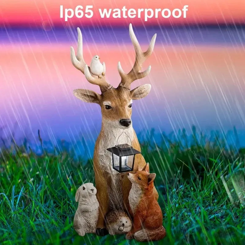 Charming solar-powered animal figurine with LED lights, designed for outdoor and garden decor. Absorbs sunlight during the day and emits a warm glow at night, adding a magical touch to any space