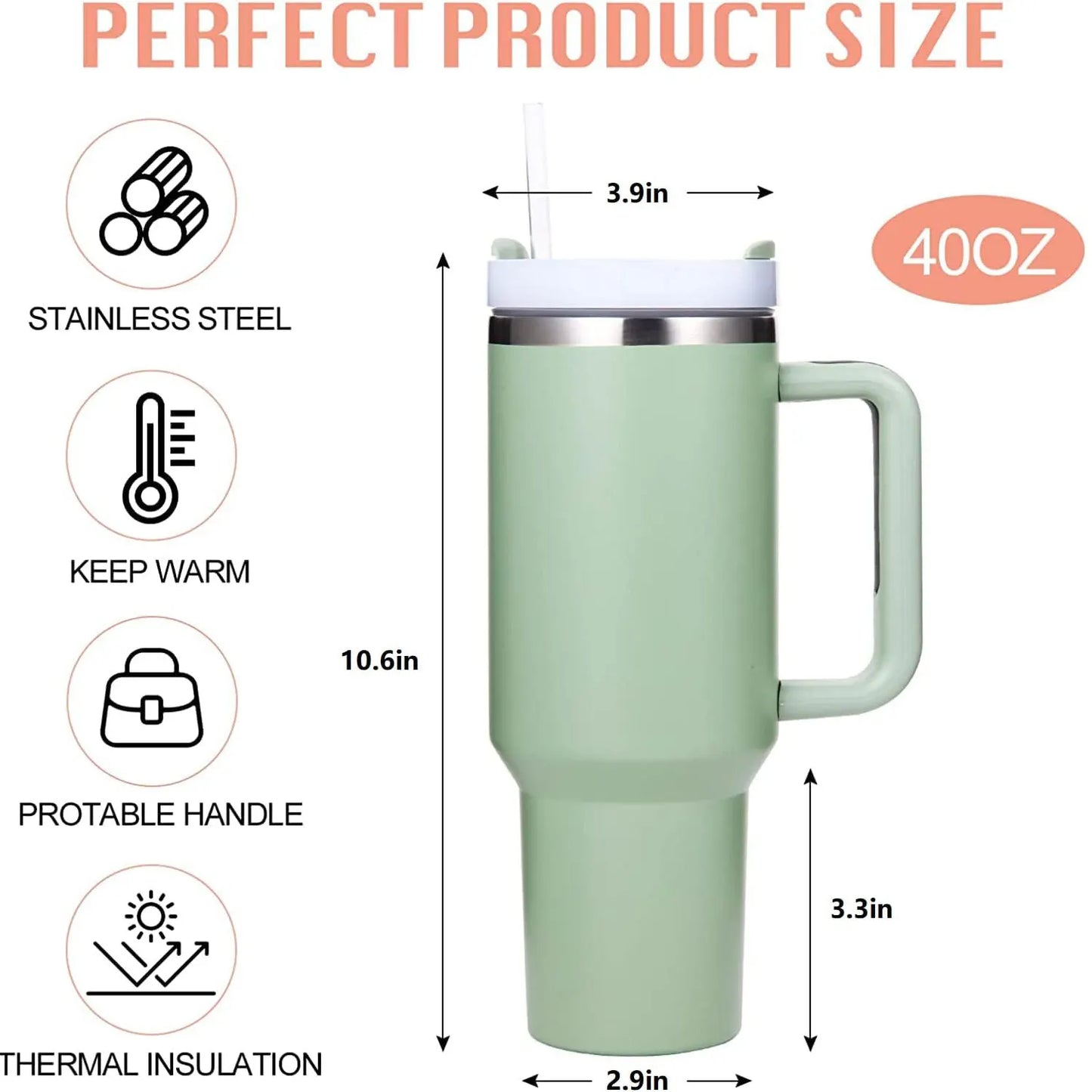 40oz stainless steel insulated tumbler with handle, featuring double-wall vacuum insulation to keep drinks hot or cold for hours. Includes a lid and straw, designed for on-the-go use and fits most car cup holders.