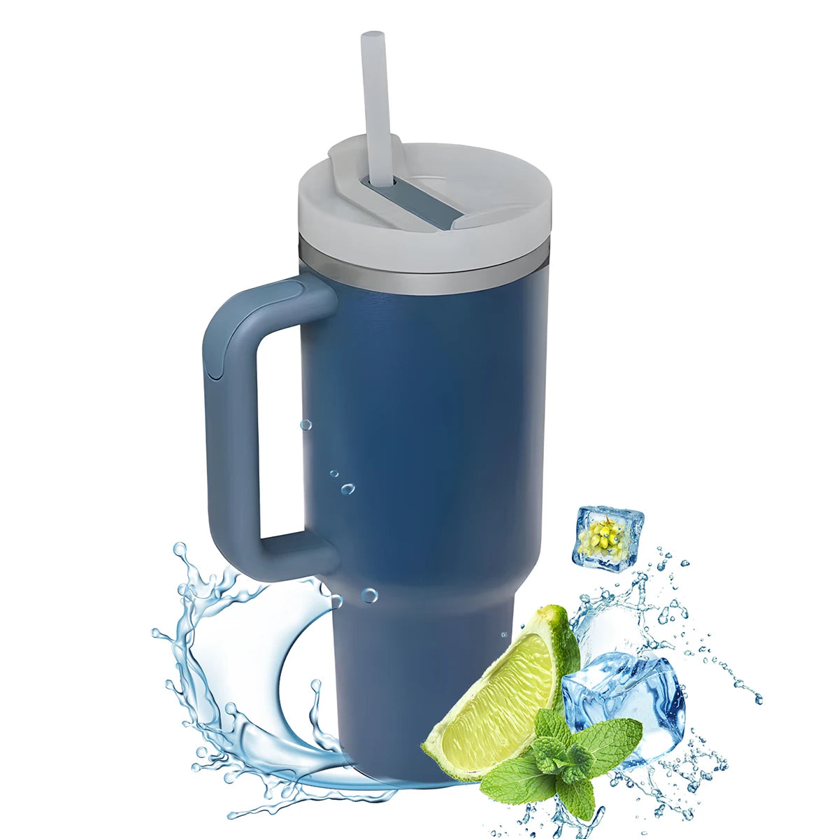 40oz stainless steel insulated tumbler with handle, featuring double-wall vacuum insulation to keep drinks hot or cold for hours. Includes a lid and straw, designed for on-the-go use and fits most car cup holders.