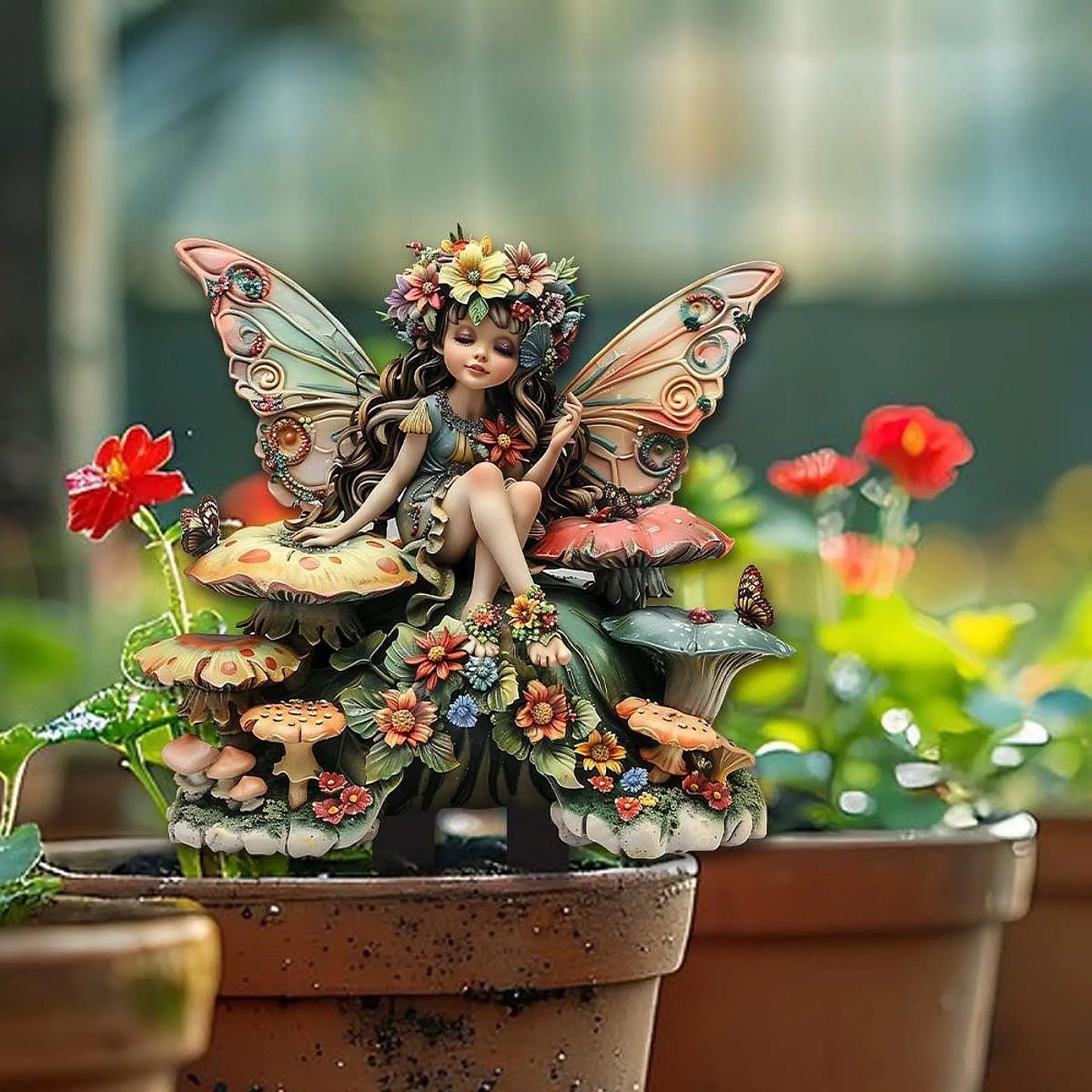 A delicate fairy figurine crafted from high-quality resin, featuring intricate detailing and a hand-painted finish. The figurine depicts a graceful fairy with translucent wings, poised elegantly on a floral base, adding a touch of enchantment to any space.
