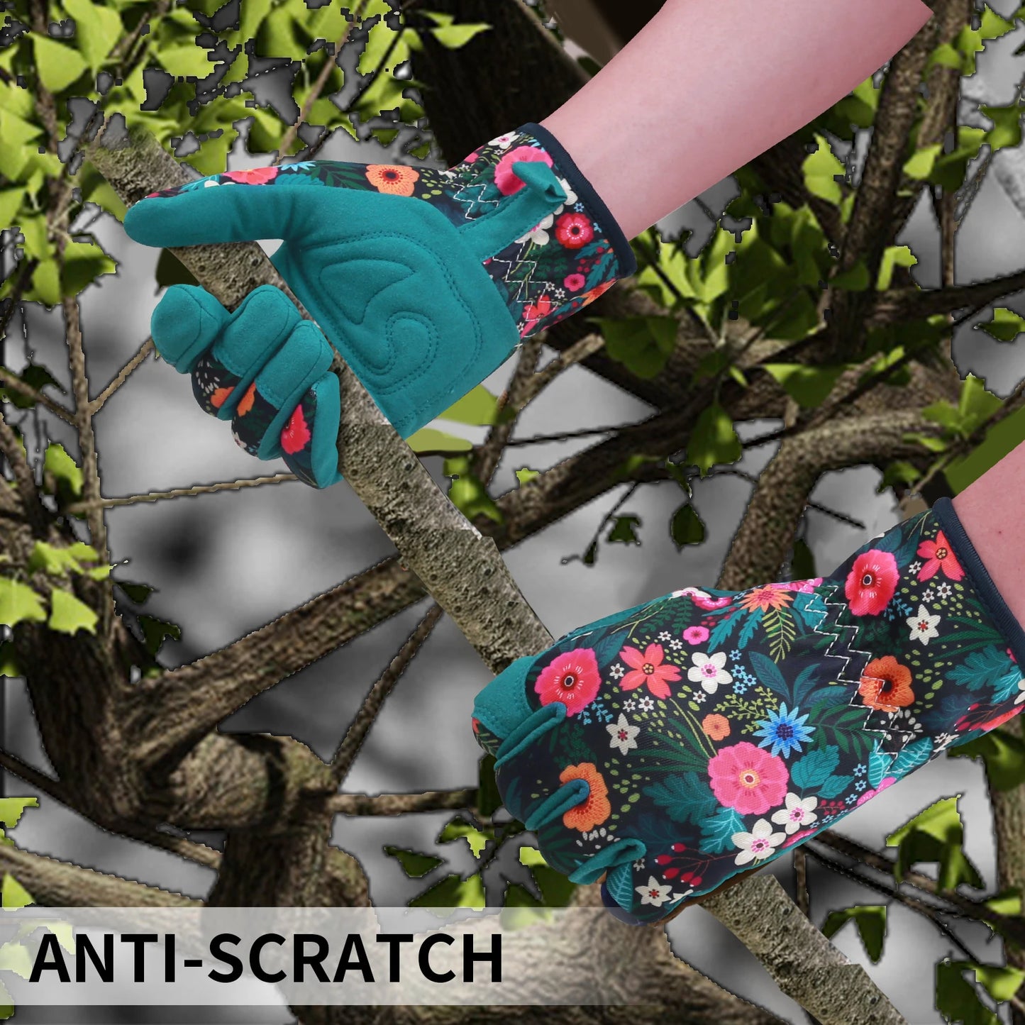 A pair of women's gardening gloves made from durable, breathable fabric, featuring reinforced palms and fingertips for added protection, and an adjustable wrist strap to ensure a secure fit during various gardening tasks