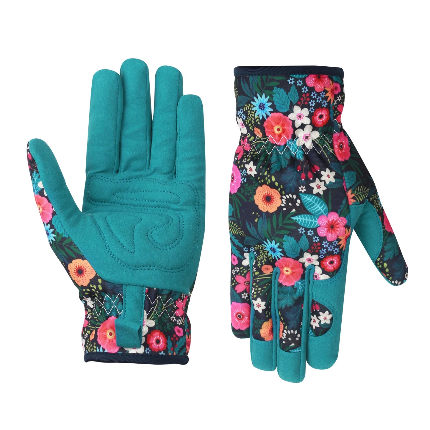 A pair of women's gardening gloves made from durable, breathable fabric, featuring reinforced palms and fingertips for added protection, and an adjustable wrist strap to ensure a secure fit during various gardening tasks