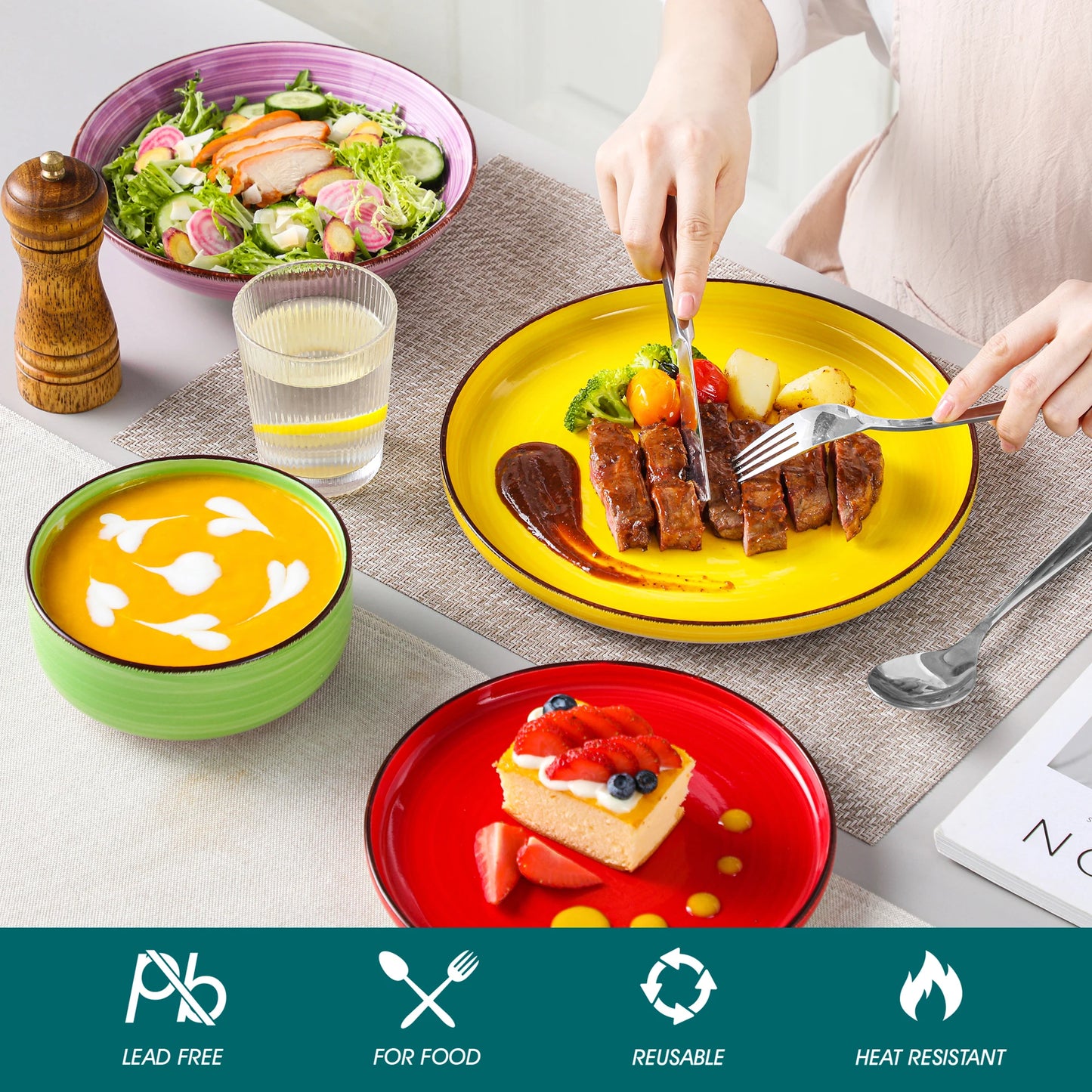 A multicolor ceramic plate set is a collection of dining plates crafted from high-quality ceramic material, featuring a variety of vibrant colors and patterns. These sets are designed to add a touch of elegance and liveliness to your dining experience, making them perfect for both everyday use and special occasions
