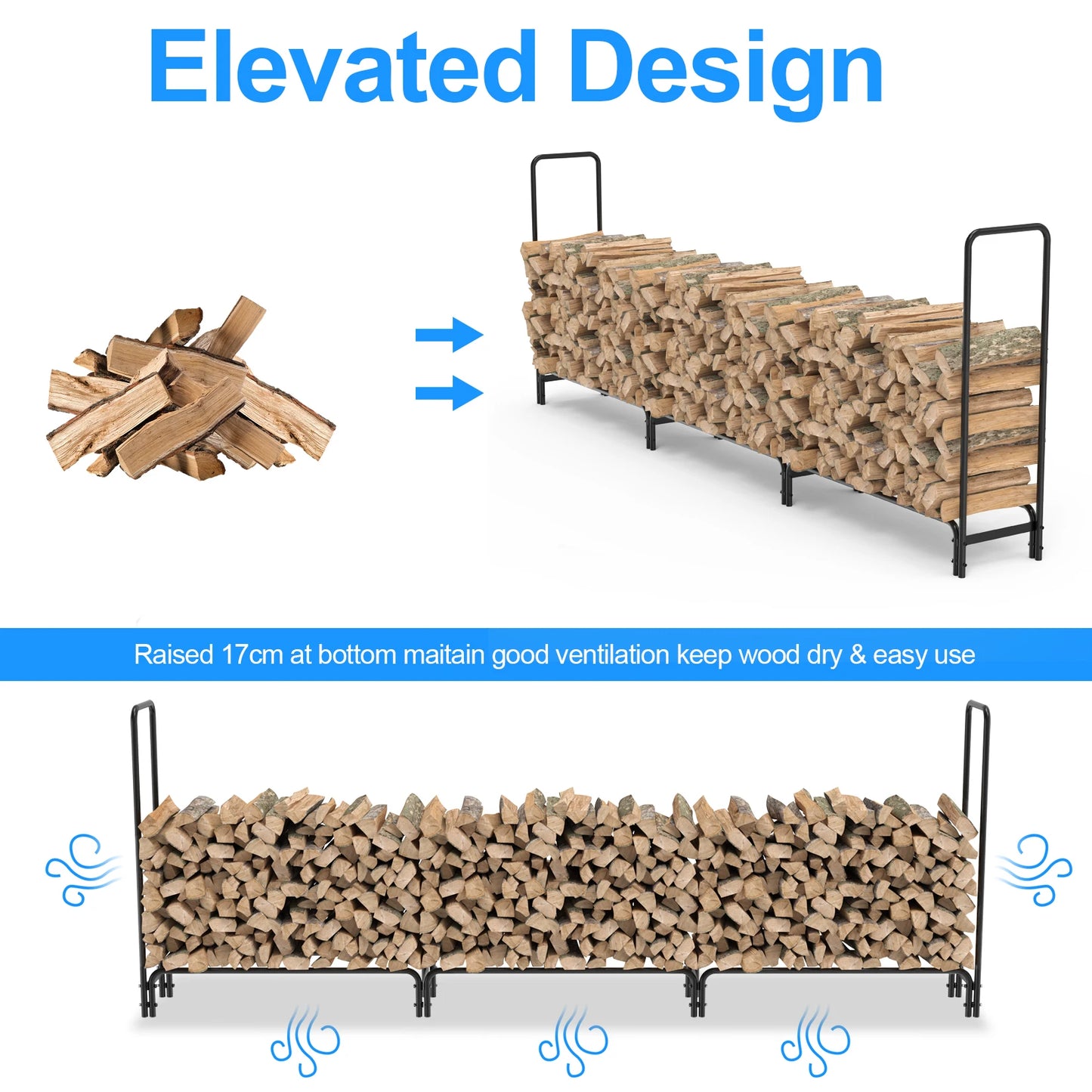 Sturdy metal firewood rack designed for indoor and outdoor use, neatly storing logs for easy access. Durable steel construction with a sleek black finish, perfect for keeping firewood organized and dry