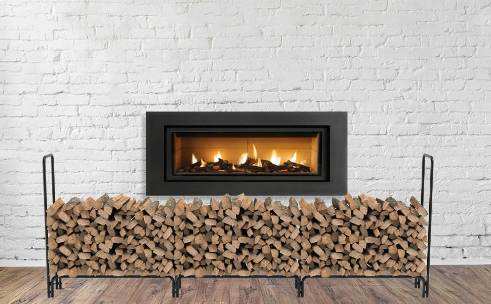 Sturdy metal firewood rack designed for indoor and outdoor use, neatly storing logs for easy access. Durable steel construction with a sleek black finish, perfect for keeping firewood organized and dry