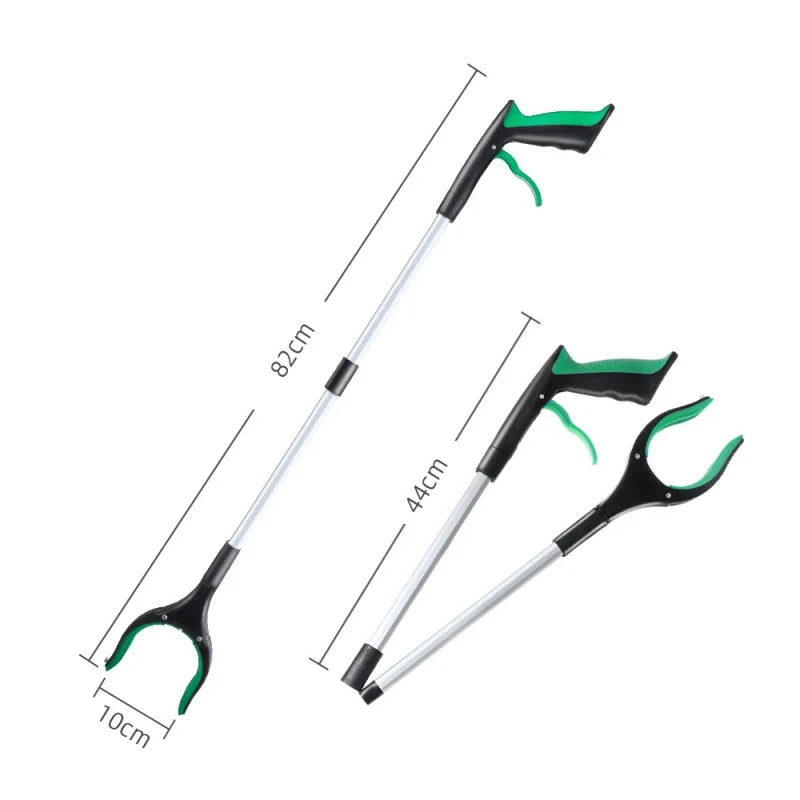 "A foldable reach extender, commonly known as a grabber or helping hand, designed to assist users in picking up objects without bending or stretching. The tool features a lightweight, collapsible aluminum shaft approximately 32 inches long, with an ergonomic handle and a trigger mechanism that controls the rubberized gripping jaws at the opposite end. Ideal for individuals with limited mobility, it aids in retrieving items from high shelves or the ground