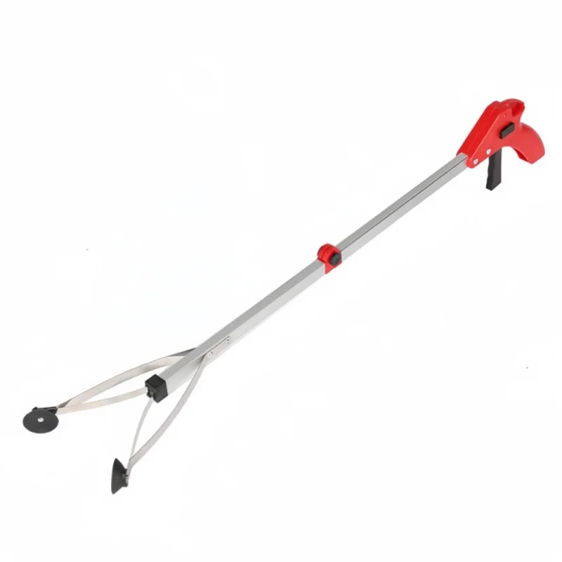 "A foldable reach extender, commonly known as a grabber or helping hand, designed to assist users in picking up objects without bending or stretching. The tool features a lightweight, collapsible aluminum shaft approximately 32 inches long, with an ergonomic handle and a trigger mechanism that controls the rubberized gripping jaws at the opposite end. Ideal for individuals with limited mobility, it aids in retrieving items from high shelves or the ground