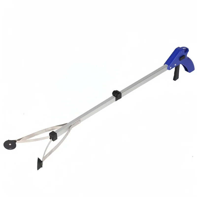 "A foldable reach extender, commonly known as a grabber or helping hand, designed to assist users in picking up objects without bending or stretching. The tool features a lightweight, collapsible aluminum shaft approximately 32 inches long, with an ergonomic handle and a trigger mechanism that controls the rubberized gripping jaws at the opposite end. Ideal for individuals with limited mobility, it aids in retrieving items from high shelves or the ground