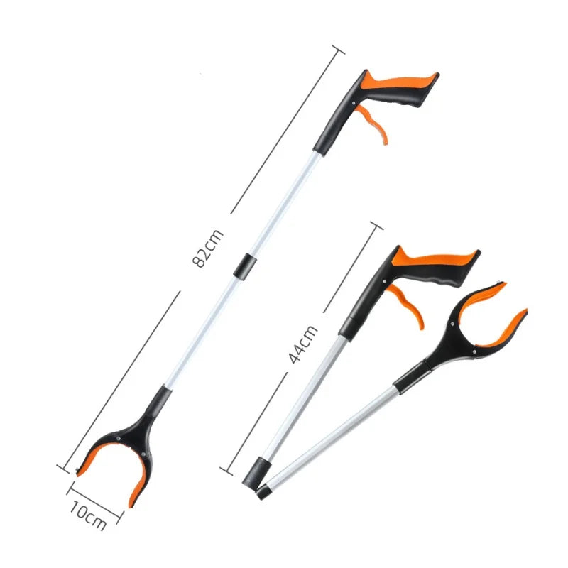"A foldable reach extender, commonly known as a grabber or helping hand, designed to assist users in picking up objects without bending or stretching. The tool features a lightweight, collapsible aluminum shaft approximately 32 inches long, with an ergonomic handle and a trigger mechanism that controls the rubberized gripping jaws at the opposite end. Ideal for individuals with limited mobility, it aids in retrieving items from high shelves or the ground