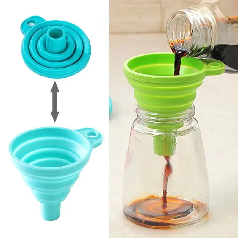 A foldable funnel, also known as a collapsible funnel, is a kitchen tool designed to assist in transferring liquids or powders into containers with small openings. Made from flexible materials like silicone, these funnels can be expanded for use and collapsed for convenient storage, making them space-efficient and practical for various kitchen tasks