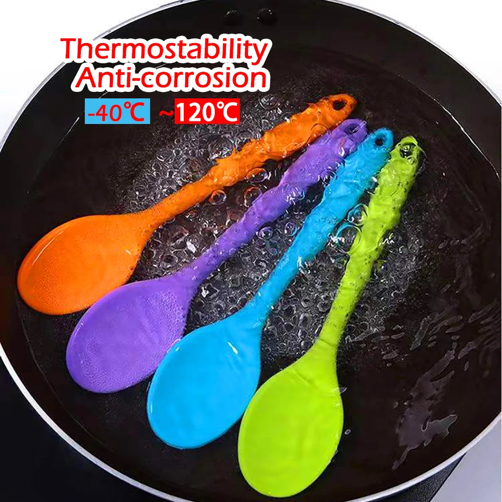 A soft silicone spoon designed for stirring, featuring a flexible, heat-resistant head that protects non-stick cookware. The ergonomic handle ensures a comfortable grip, making it ideal for mixing, scooping, and serving a variety of dishes