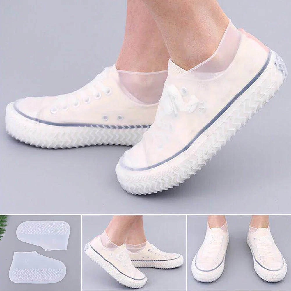 Reusable waterproof shoe covers made from durable, flexible silicone, designed to fit over various shoe sizes; feature non-slip soles for enhanced safety; easy to clean and store; ideal for protecting shoes from water, mud, and debris during outdoor activities