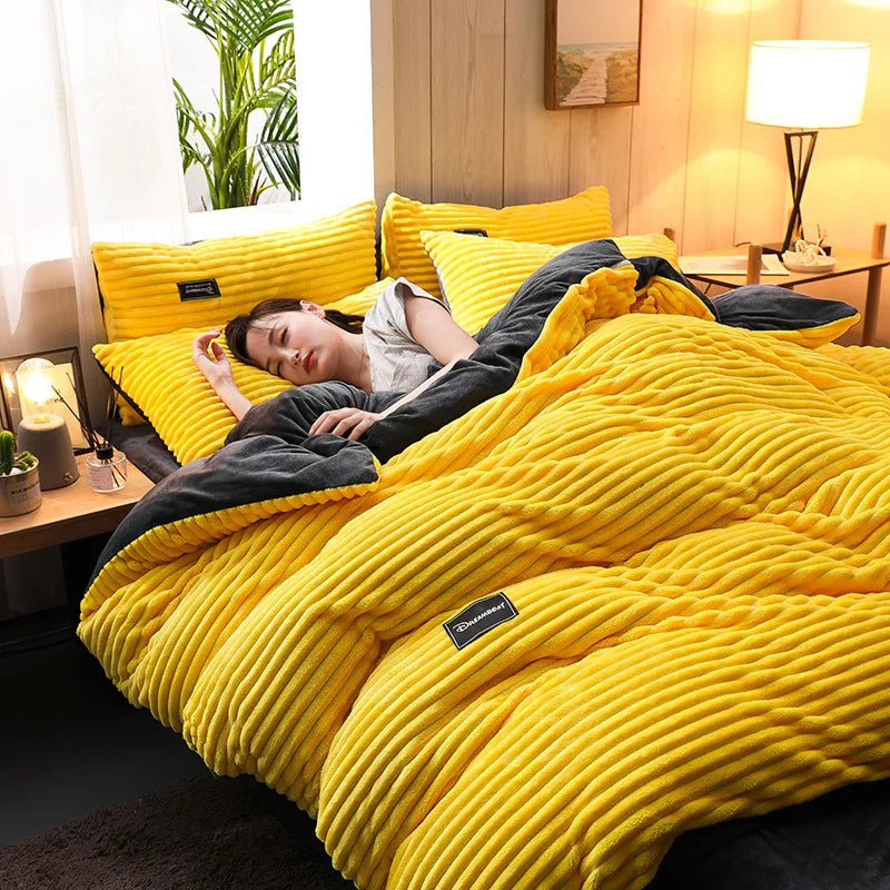 A 3-piece bedding set comprising a comforter and two pillowcases, designed to enhance your bedroom's aesthetic. Available in various patterns and materials, these sets cater to diverse preferences and are available in multiple sizes to fit different bed dimensions