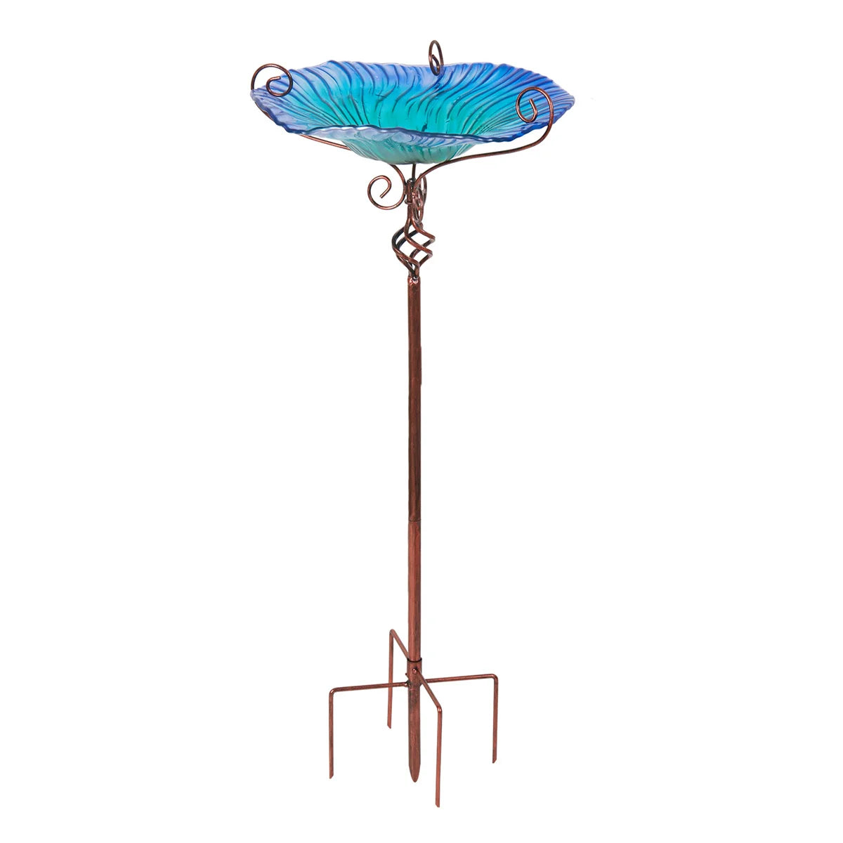 A decorative garden birdbath featuring a glass bowl with a flower design, mounted on a tall pedestal. The vibrant colors and intricate patterns attract birds while adding a touch of elegance to outdoor spaces.