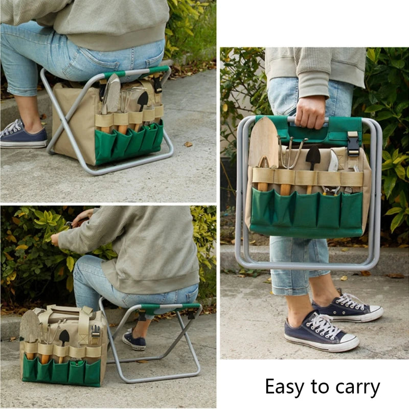 A folding gardening stool designed to provide comfort and convenience for gardeners. This portable stool features a sturdy metal frame with a durable fabric seat and includes a detachable tool bag for easy access to gardening tools. Its lightweight design and foldable structure make it easy to carry and store, ideal for reducing strain during gardening tasks