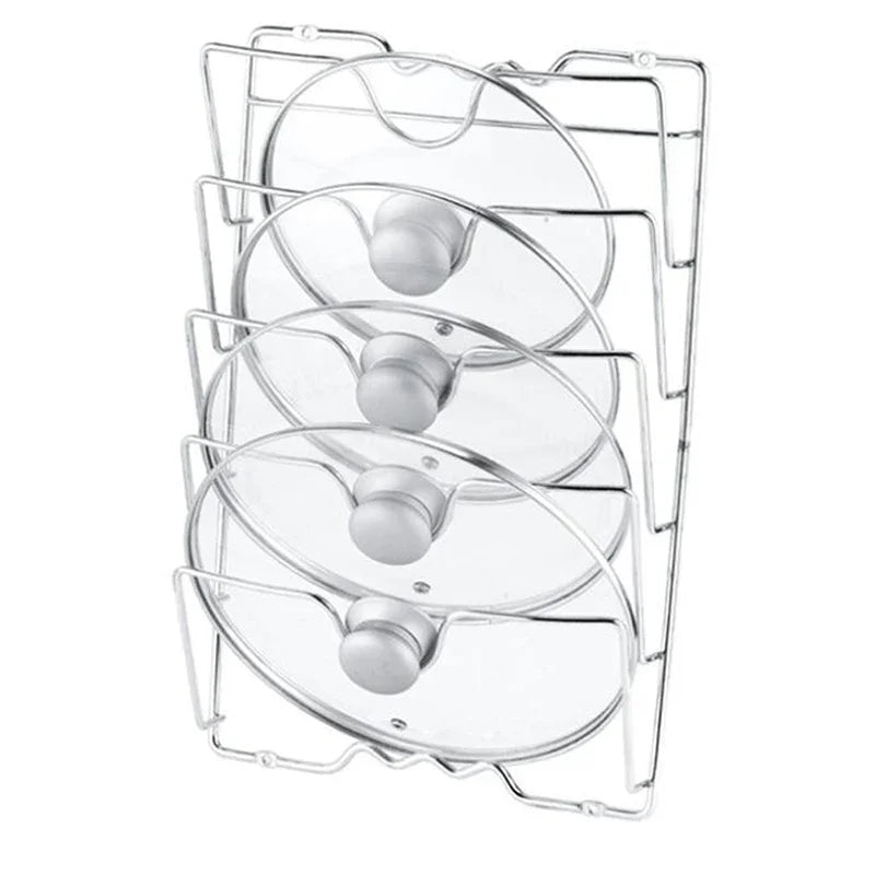 A hanging pot lid holder, designed to store pot lids efficiently by hanging them on a wall or inside a cabinet door, featuring adjustable dividers to accommodate various lid sizes, made from durable materials like metal or bamboo, and designed to save kitchen space while keeping lids organized