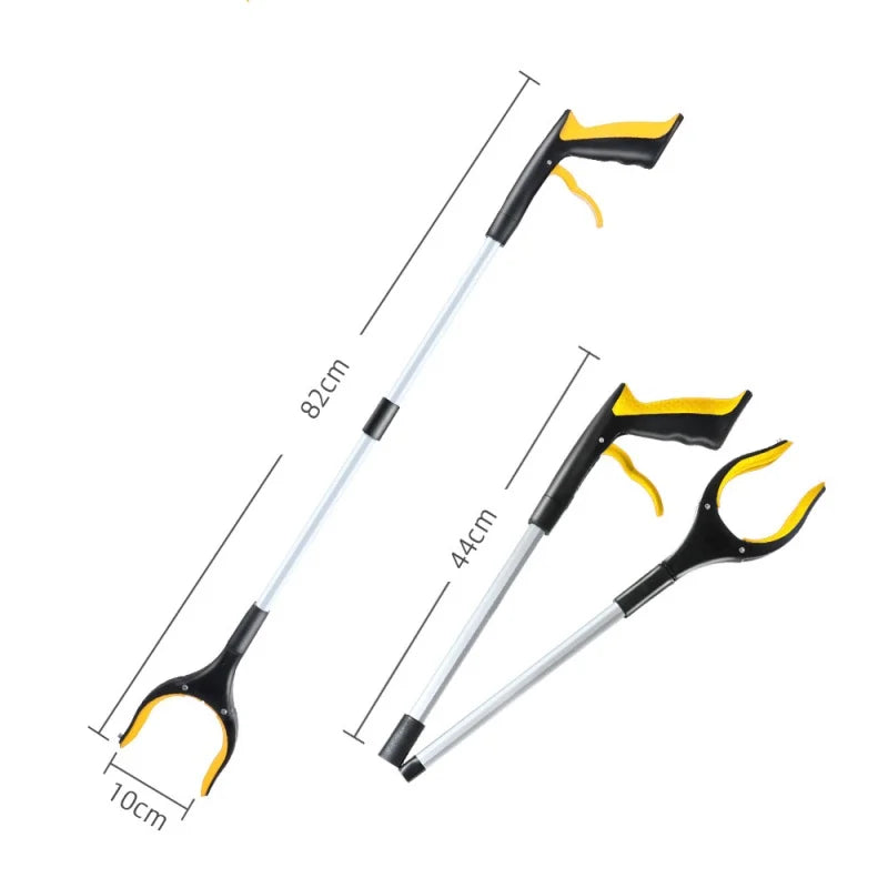 "A foldable reach extender, commonly known as a grabber or helping hand, designed to assist users in picking up objects without bending or stretching. The tool features a lightweight, collapsible aluminum shaft approximately 32 inches long, with an ergonomic handle and a trigger mechanism that controls the rubberized gripping jaws at the opposite end. Ideal for individuals with limited mobility, it aids in retrieving items from high shelves or the ground