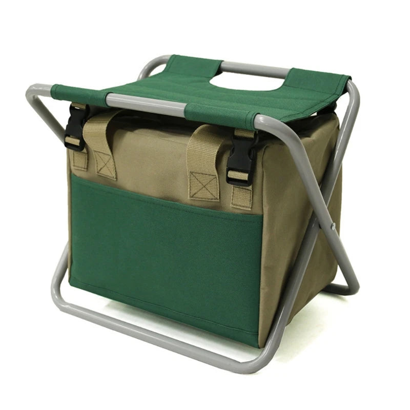 A folding gardening stool designed to provide comfort and convenience for gardeners. This portable stool features a sturdy metal frame with a durable fabric seat and includes a detachable tool bag for easy access to gardening tools. Its lightweight design and foldable structure make it easy to carry and store, ideal for reducing strain during gardening tasks