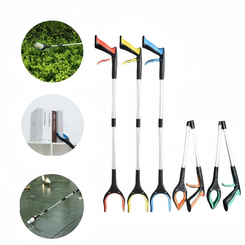 "A foldable reach extender, commonly known as a grabber or helping hand, designed to assist users in picking up objects without bending or stretching. The tool features a lightweight, collapsible aluminum shaft approximately 32 inches long, with an ergonomic handle and a trigger mechanism that controls the rubberized gripping jaws at the opposite end. Ideal for individuals with limited mobility, it aids in retrieving items from high shelves or the ground