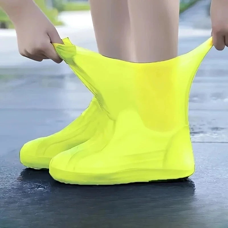 Reusable waterproof shoe covers made from durable, flexible silicone, designed to fit over various shoe sizes; feature non-slip soles for enhanced safety; easy to clean and store; ideal for protecting shoes from water, mud, and debris during outdoor activities