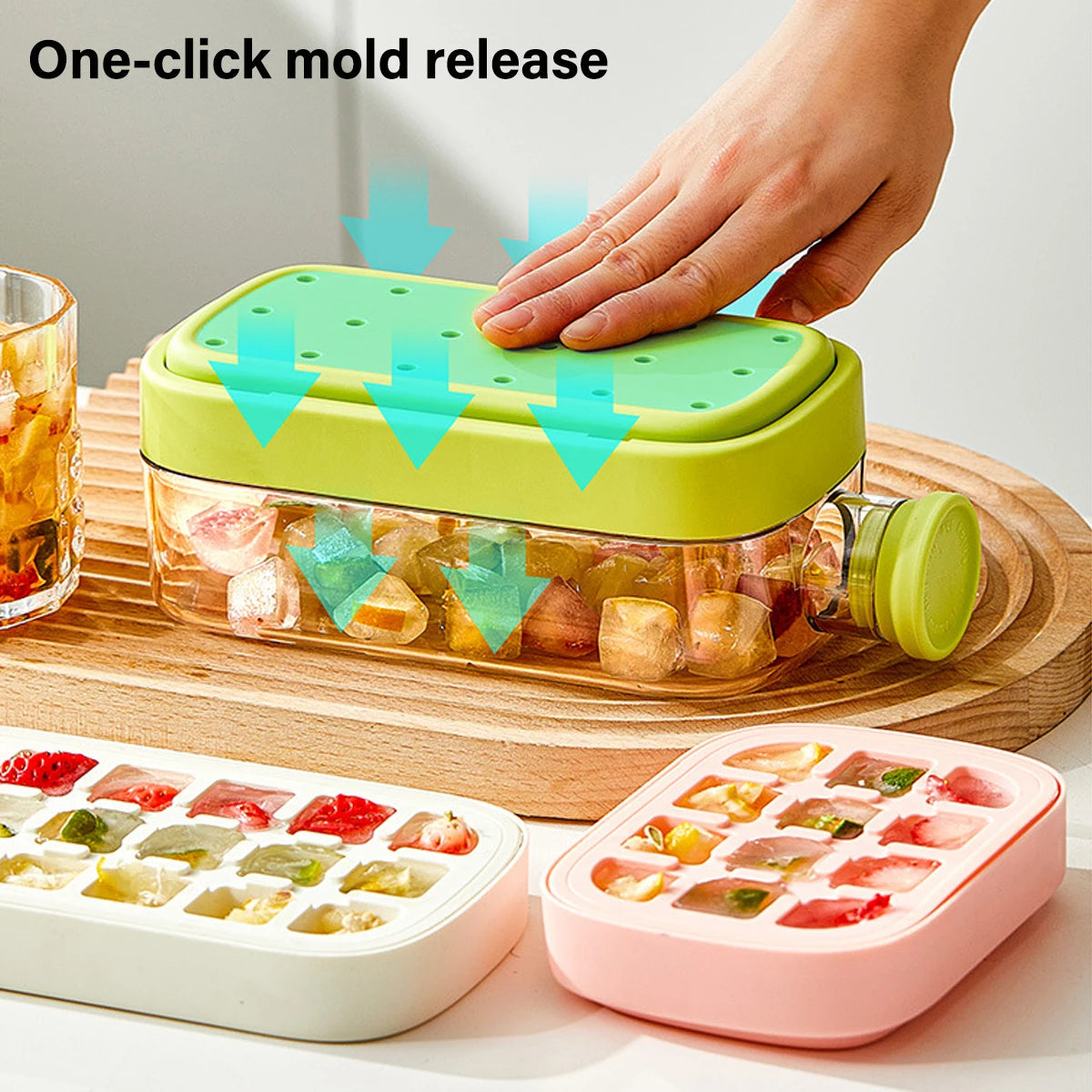A stackable ice cube tray with a secure lid, designed for easy filling and spill-free storage, ensuring fresh and odor-free ice cubes.