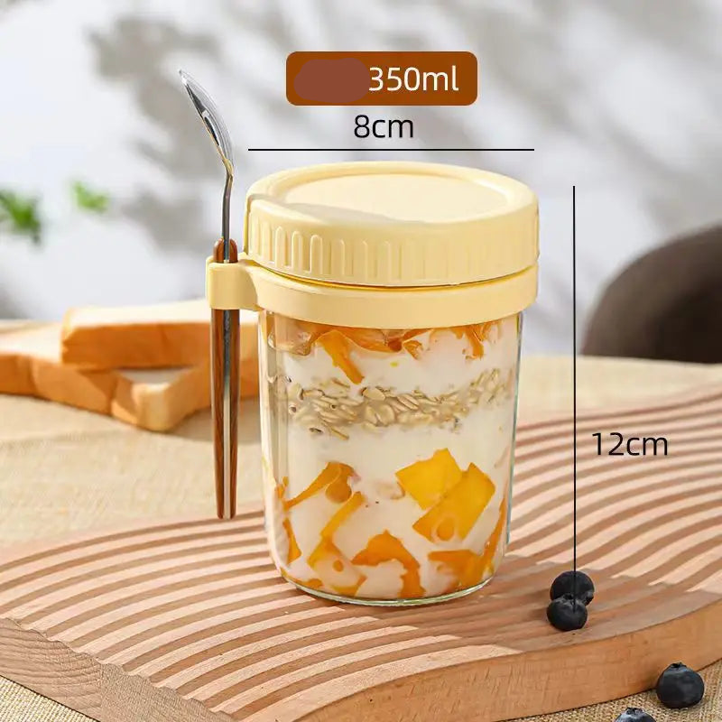 Glass jar container designed for storing overnight oats, with an airtight lid to keep ingredients fresh. Perfect for prepping nutritious breakfasts on-the-go.